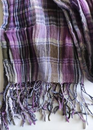 Тонкий літній шарф з кистями 175-40 см бузковий в клітинку4 фото