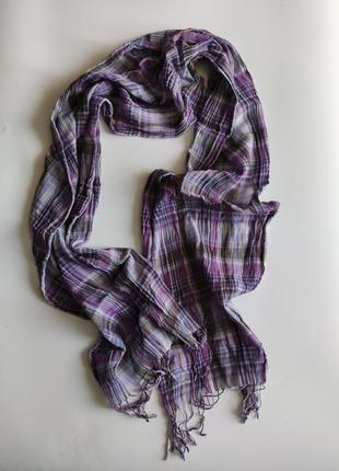Тонкий літній шарф з кистями 175-40 см бузковий в клітинку10 фото