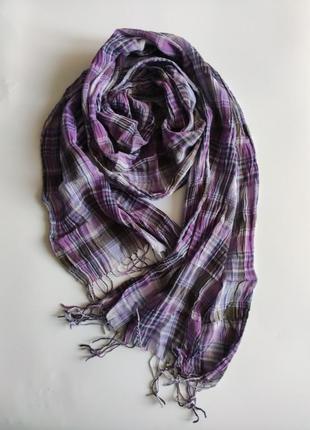 Тонкий літній шарф з кистями 175-40 см бузковий в клітинку3 фото