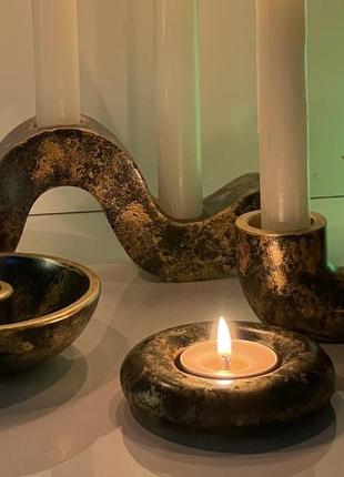 Свечанок гипсовый «золотой мрамор» черный для чайной свечи