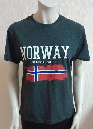 Шикарная хлопковая футболка серого цвета с ярким принтом norway primark made in bangladesh