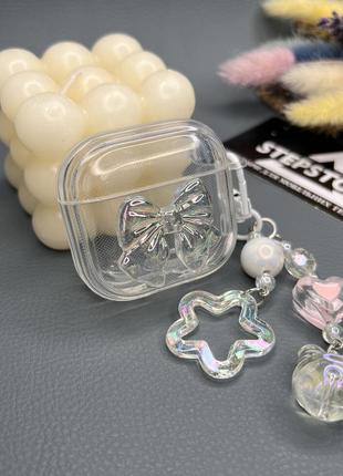 Чохол прозорий для apple airpods 4 з карабіном брелоком із намистин бантик силіконовий протиударний