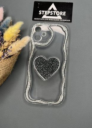 Чохол для samsung a06 (а065) з посокетом серце прозорий із блискітками хвилястий силіконовий