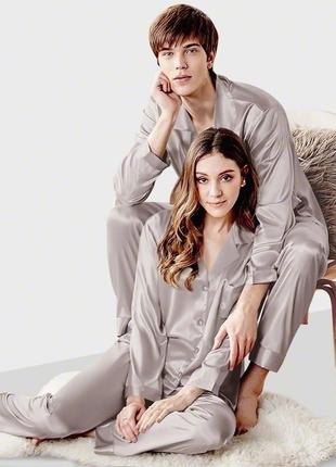 Пижамы парные шелковые family look серые  комплект для двоих ( размеры 42-54 xs-xxl)
