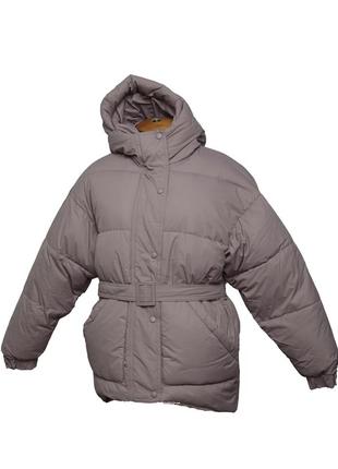 Жіноча зимова куртка, парка, пуховик з поясом бежевого кольору