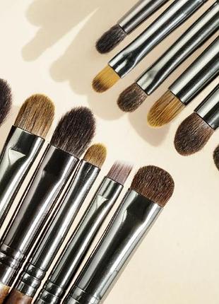 Набір пензлів з натуральним ворсом (кози, поні, ласки) для макіяжу очей ovw, 12 штук у брендовій косметичці6 фото