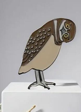 Брошь брошка пин значок металл филин сова совушка голова набок