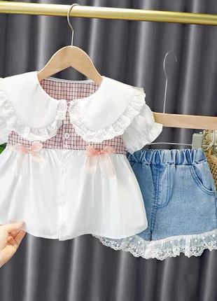 Детский летний костюм с джинсовыми шортами и блузой 110 см