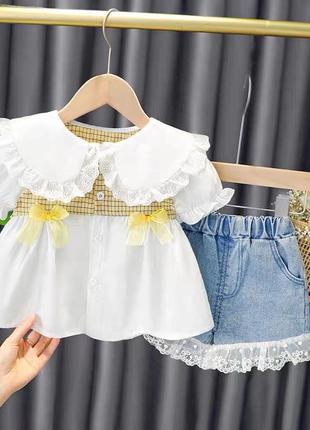 Детский летний костюм с джинсовыми шортами и блузой 122 см