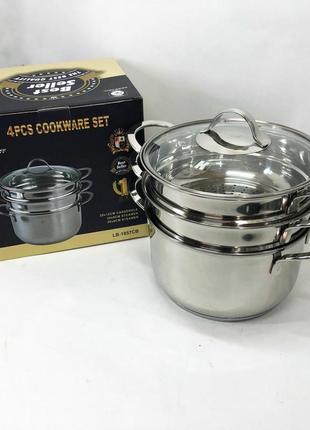 Каструля-пароварка lb-1857cb з нерж. сталі зі скляною кришкою, індукція, 3,7л., 4пр|краща ціна|