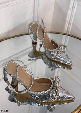 Вечірні срібні босоніжки з глітеру на підборах з бантом зі страз 36 37 38 39 40 туфлі...