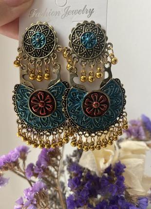 Серьги индия бохо восточные бирюзовые серьги с висюлями большие серьги
