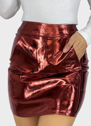 Спідниця мідна штучна шкіра, юбка міні, жіноча спідниця