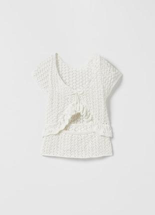 Ажурная бежевая трикотажная футболка zara 6-7 лет (116-122 см)4 фото