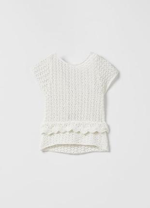 Ажурная бежевая трикотажная футболка zara 6-7 лет (116-122 см)2 фото