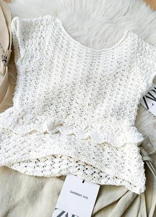 Ажурная бежевая трикотажная футболка zara 6-7 лет (116-122 см)5 фото