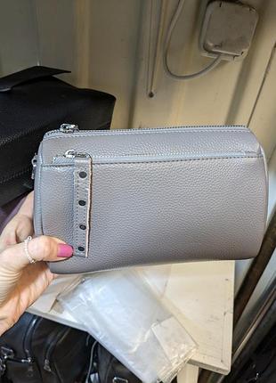 Красивая кожаная сумка серая на длинной ручке (натуральная кожа)