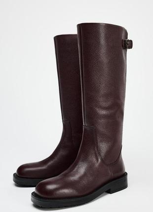 Кожаные сапоги бордовые женские zara new