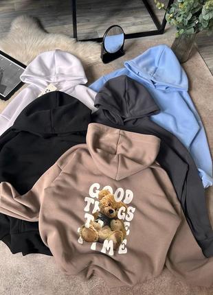 Оверсайз худи с мишкой, на флисе, теплый, кофта с капюшоном