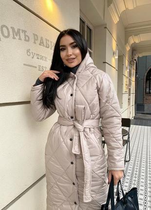 Пальто куртка жіноче тепле довге з капюшоном з поясом стьобане базове осіннє зимове на осінь зиму демісезонне чорне бежеве