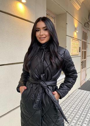 Пальто куртка жіноче тепле довге з капюшоном з поясом стьобане базове осіннє зимове на осінь зиму демісезонне чорне бежеве