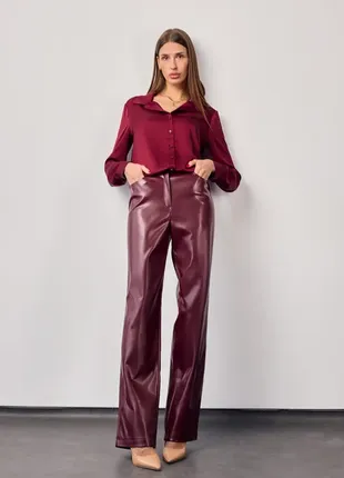 Прямі брюки труби на флісі брюки екошкіра бургунді