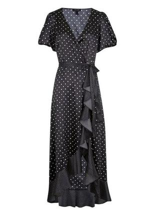 Черное атласное платье миди с запахом и оборками2 фото