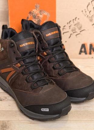 Мужские зимние кожаные ботинки кроссовки merrell brown