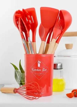 Силиконовый красный кухонный набор принадлежностей kitchen set 12 предметов (дерево+силикон)