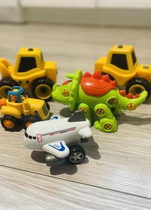 Набір машинок, екскаватори, динозавр, літак