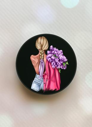 Держатель для смартфона / планшета попсокет popsocket черный :: девушка с сиренью (принт 7)