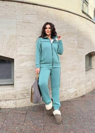 Жіночий спортивний теплий костюм великого розміру plussize 48-60 тринитка на флісі zip худі и джогери