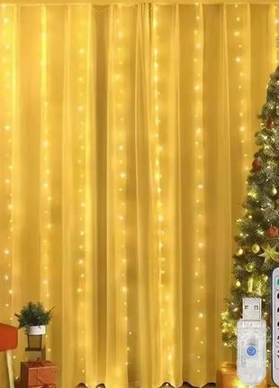 Светодиодная гирлянда-занавес штора 200 led светодиодов usb 3х2 метра, теплый белый.