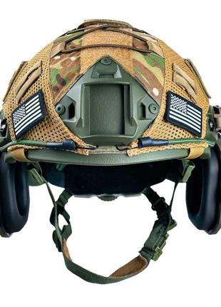 Комплект шлем тактический fast helmet nij iiia с наушниками с чебурашкой с фонариком  с кавером
