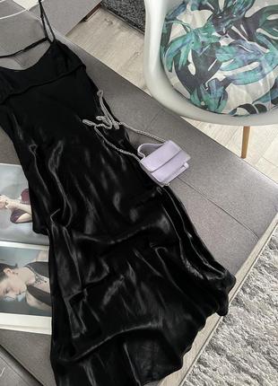 Шикарна чорна атласна сукня міді 🖤3 фото