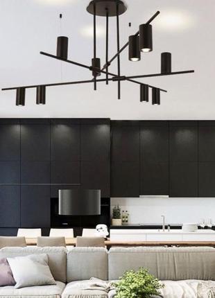 Лінійна підвісна люстра на 9 плафонів-спотів чорного кольору