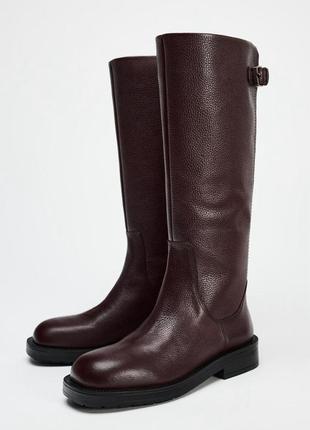 Кожаные бордовые сапоги zara 35/42 высокие сапоги бургунди