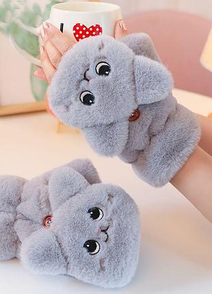 Жіночі рукавички з півпальцями котик сірий