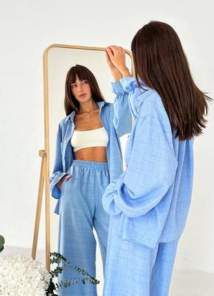 Льняной костюм в пижамном стиле рубашка и штаны8 фото