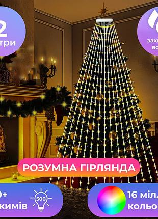 Гірлянда з кільцем на ялинку 2 метри smart 200 led керування телефоном та пульт usb білий дріт