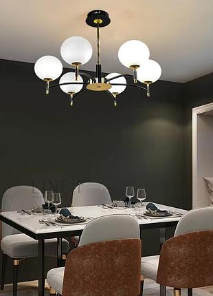 Чорна люстра із золотою фурнітурою на 6 білих плафонів ø70 см