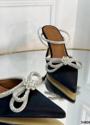 Босоножки туфли с бантом черные с камнями стразами блестящие на каблуке шпильке