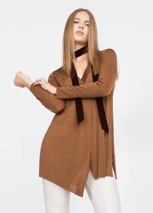 Коричневая блуза туника zara прямого силуэта с разрезами