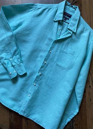 Качественная льняная рубашка от шведского бренда цвета морская волна лен и коттон
