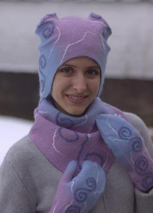Шапка, рукавиці, шарф валяні, комплект шапка, шарф, рукавиці