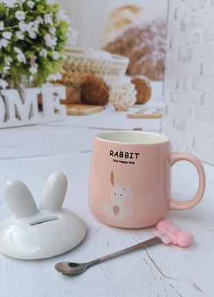 Чашка snt 20622 зайчик кераміка з кришкою та ложкою 360 мл рожевий
