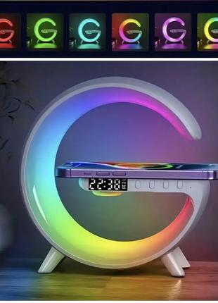 Настільний годинник  з бездротовою зарядкою, нічником, будильником та  колонкою