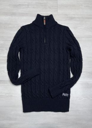 Брендовий чоловічий темно-синій плетений светр з вовною superdry оригінал