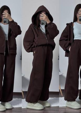 Костюм спортивний жіночий теплий на флісі оверсайз худі з капішоном на блискавці штани вільного крою на високій посадці шоколад графітовий