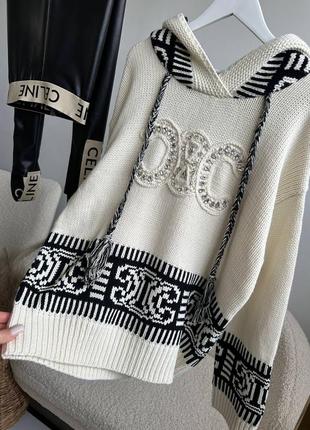 Удлиненная кофта свитер с капюшоном в стиле celine